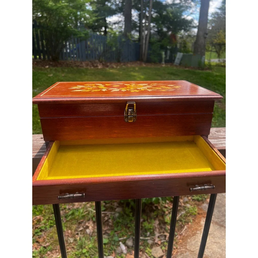 Vtg 70s Floral Wood Jewelry Box‎ Retro Cottagecore Mirror Drawer